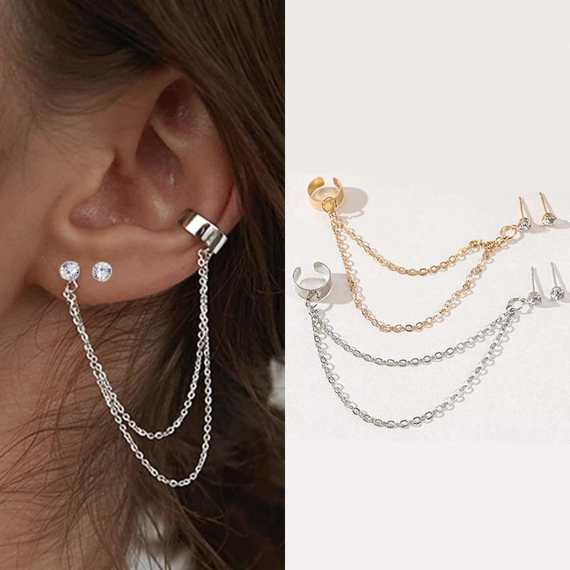 

One-peice Tassel Clip Earrings Punk Crystal Double Holes Stud Earrings Women Ear Hook Chain Pendant Earring Metal Chains Jewelry