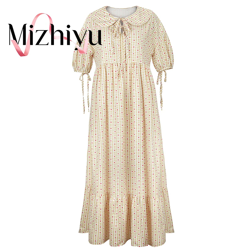 

Mizhiyu 2022 Summer Women's Fashion Bohemian Round Neck Bubble Loose Pleated Short Sleeve Retro Floral Beige Lace Up Women's Clo