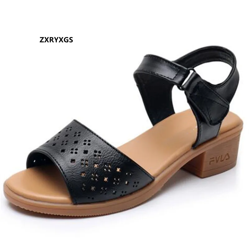 

ZXRYXGS Summer Genuine Leather Sandals 2022 Bestselling New Hollow Soft Cowhide Sandals Soft Sole Medium Heel Women Sandals
