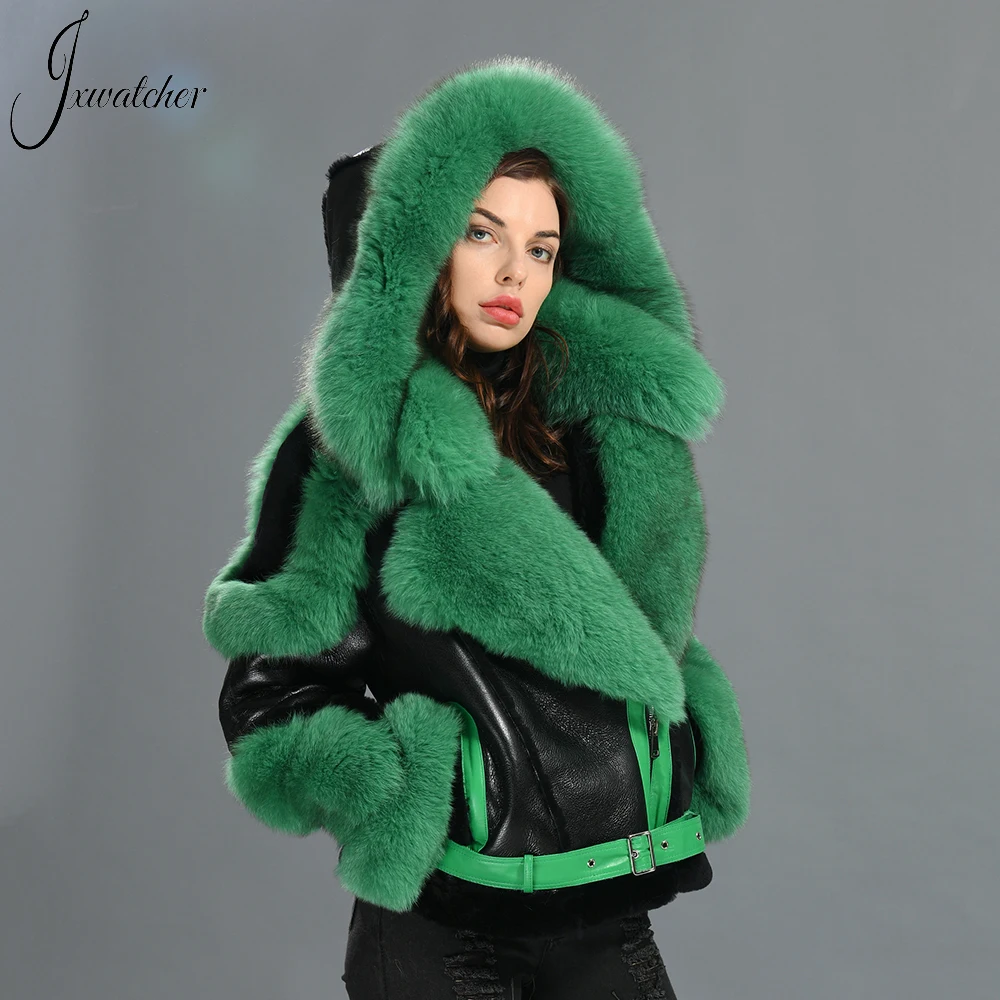 

Jxwatcher Women Shearling Coat With Real Fox Fur Ladies Winter Thick Warm Lamb Fur Jacket Sheepskin Full Sleeves Outerwear New