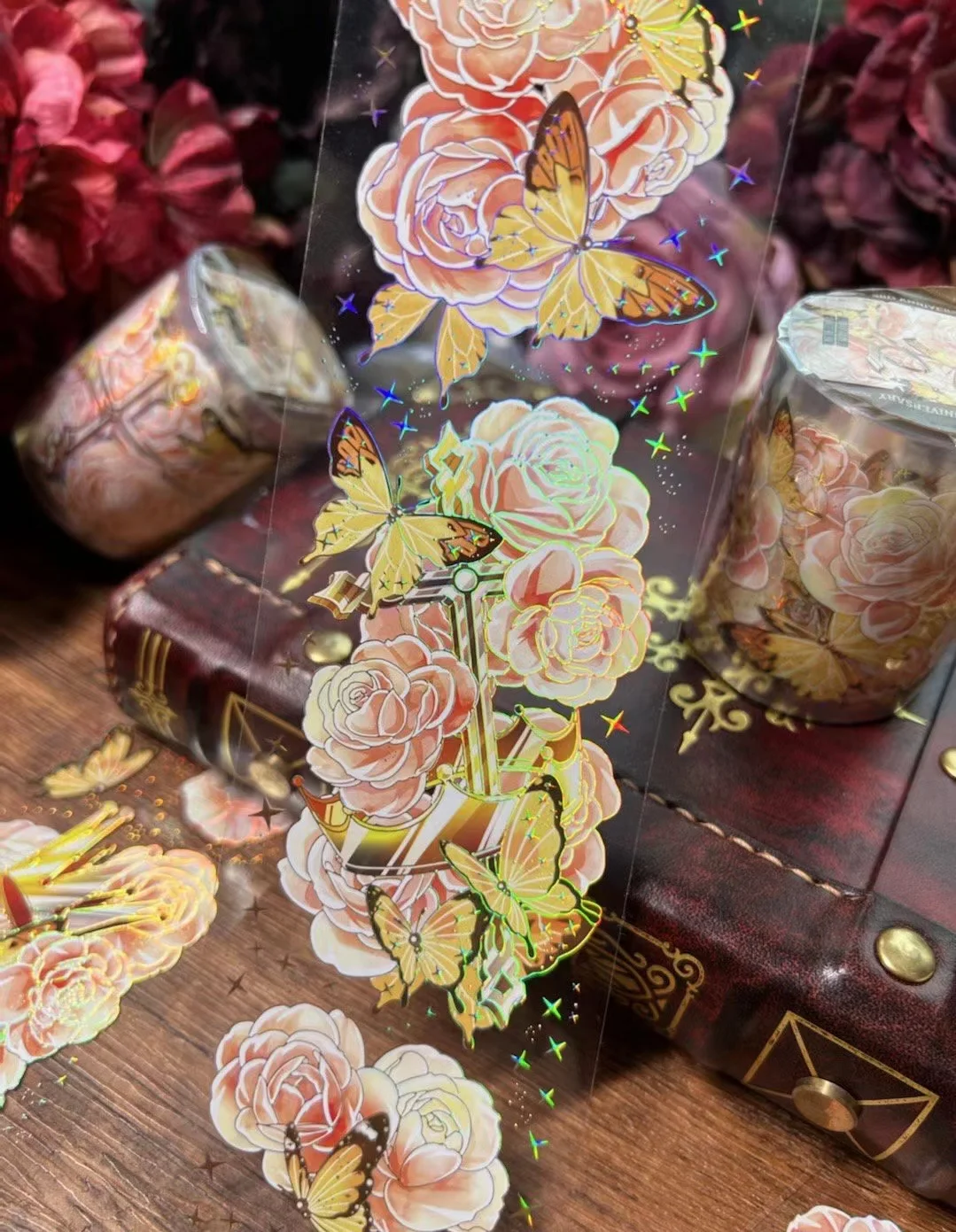 

Vintage Pink Rose Butterfly Shiny Washi PET Tape for Card Making Decoration DIY Scrapbooking Plan Stickers