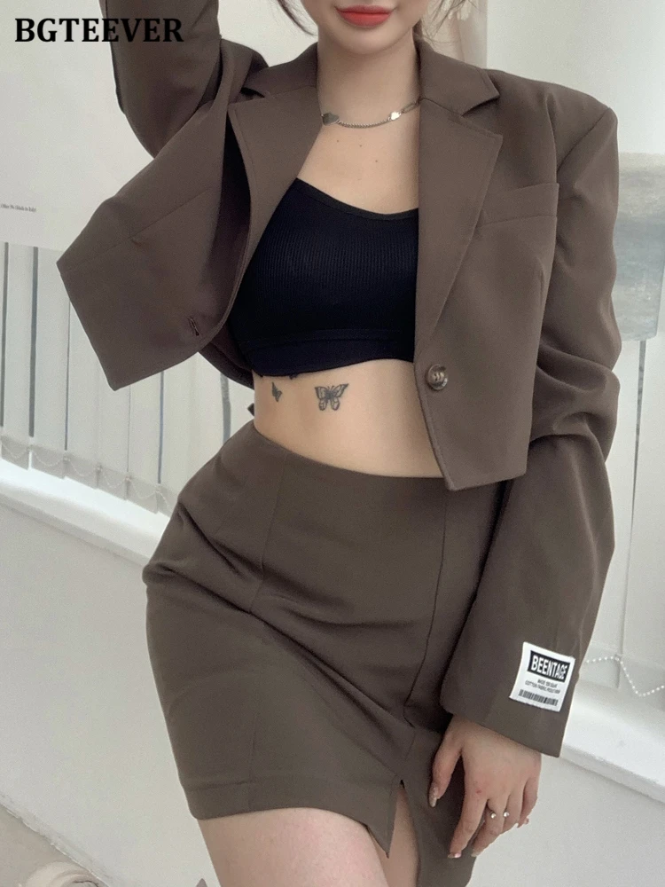 

BGTEEVER Stylish Women Skirt Suits Long Sleeve Single Button Blazer & High Waist Split Mini Skirt 2022 2 Pieces Skirt Set