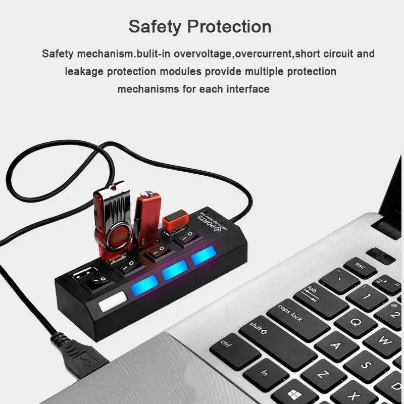 Фото 4/7-портовый USB-концентратор USB 2.0, разветвитель, многопортовый концентратор, адаптер питания, несколько концентраторов расширителей с переключателем, кабель 30 см для ноутбука №4