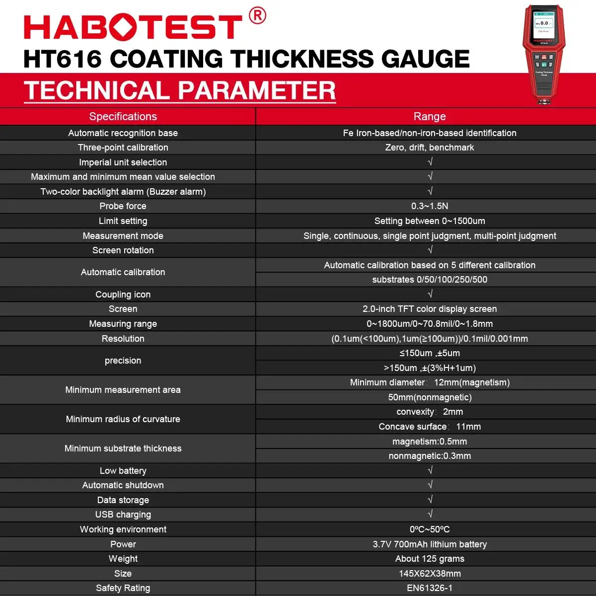 Фото Цифровой измеритель толщины покрытия HABOTEST HT616, перезаряжаемый, для измерения толщины автомобильных покрытий, пленок и краски №5