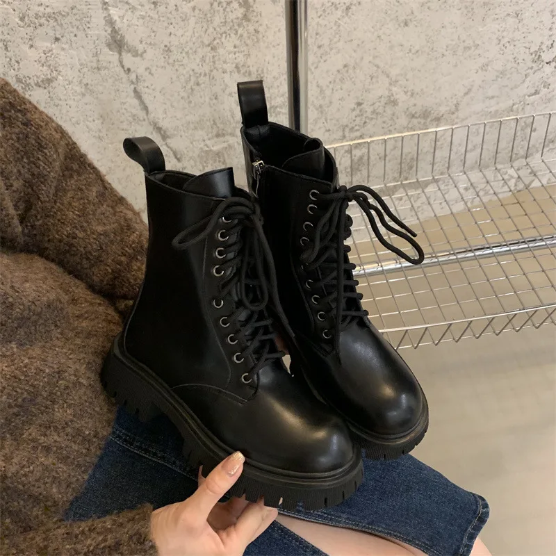 

Round Toe Black Boots Women's Low Shoes Luxury Designer Zipper Ankle Rubber Lolita Fashion Ladies Flock Solid PU Lace-Up Microf
