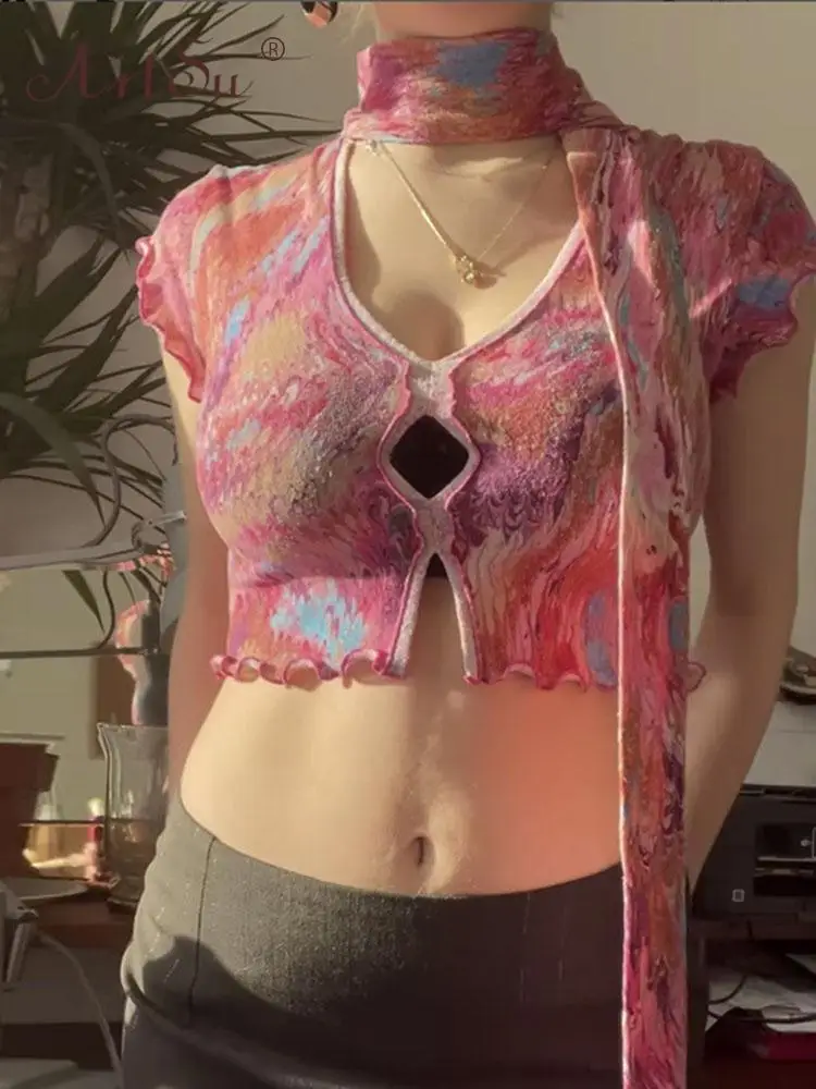 

Женская футболка с коротким рукавом ArtSu, Модный повседневный сексуальный топ с вырезами и принтом, летний простой облегающий кроп-топ ANDYTS717