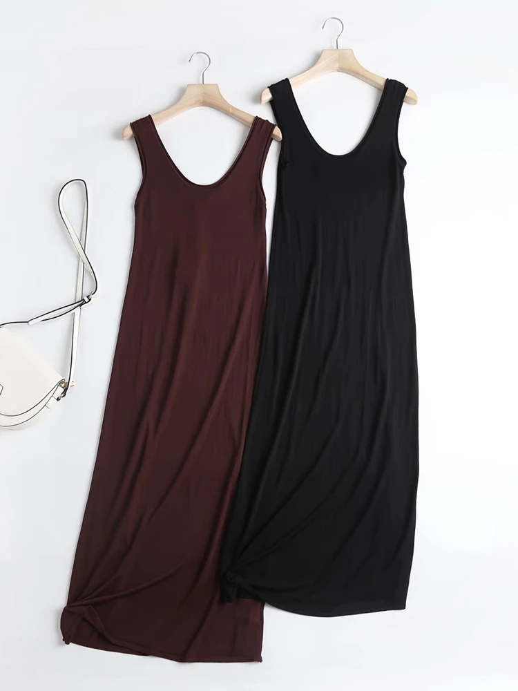 YNKEY 2022 Women O Neck Sleeveless Knit Dress Fashion Female Casual Solid Simple Midi Dresses