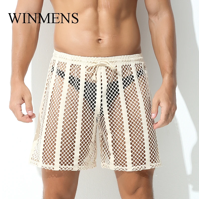 Summer Fishnet Transparent Men's Middle Pants Super Elastic See Through Youth Long Boxer Shorts Cut-outs Breathable Underwear
