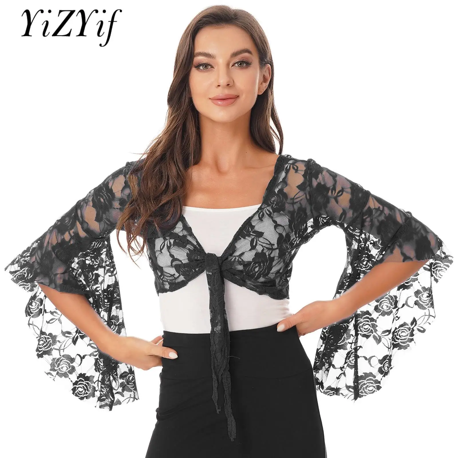 

Womens 3/4 Flare Sleeve Sheer Lace Shrugs Belly Dance Top Tie Up Wrap Shawl Cardigan Crop Top Cover Up Performance Costume