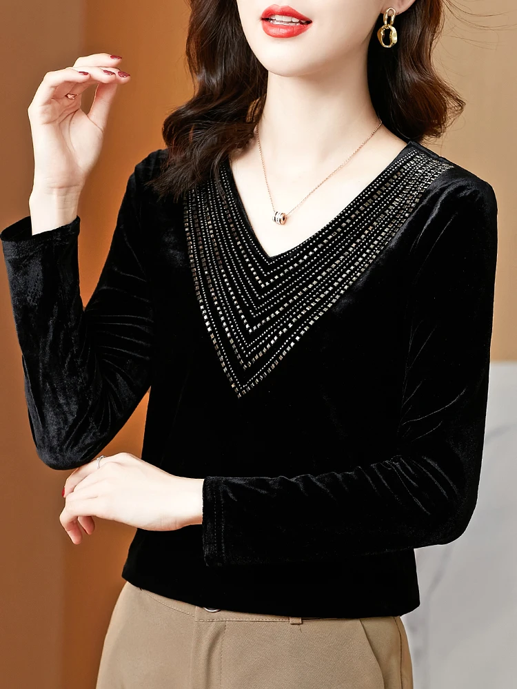 

Korean fashion autumn gold velvet diamond long-sleeved V-neck bottoming shirt woman tshirts