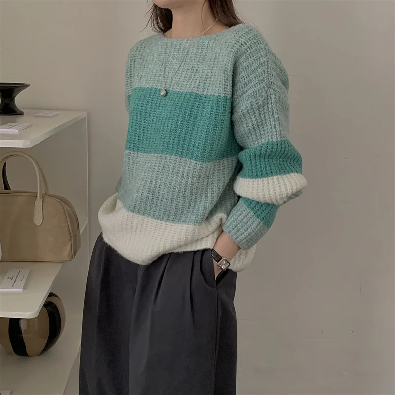 FINEWORDS Vintage Easymatch Winter Striped Knitted Sweater Women Loose Streetwear Pullover Korean Long Sleeve Casual Jumper