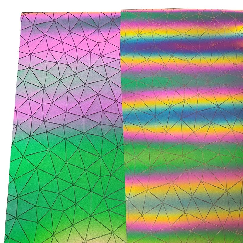 

Manufacturer Rainbow Geometric Embossed Bright Reflective Faux Leather Fabric Roll for Making Bag Cosmetic Bag Pack ba