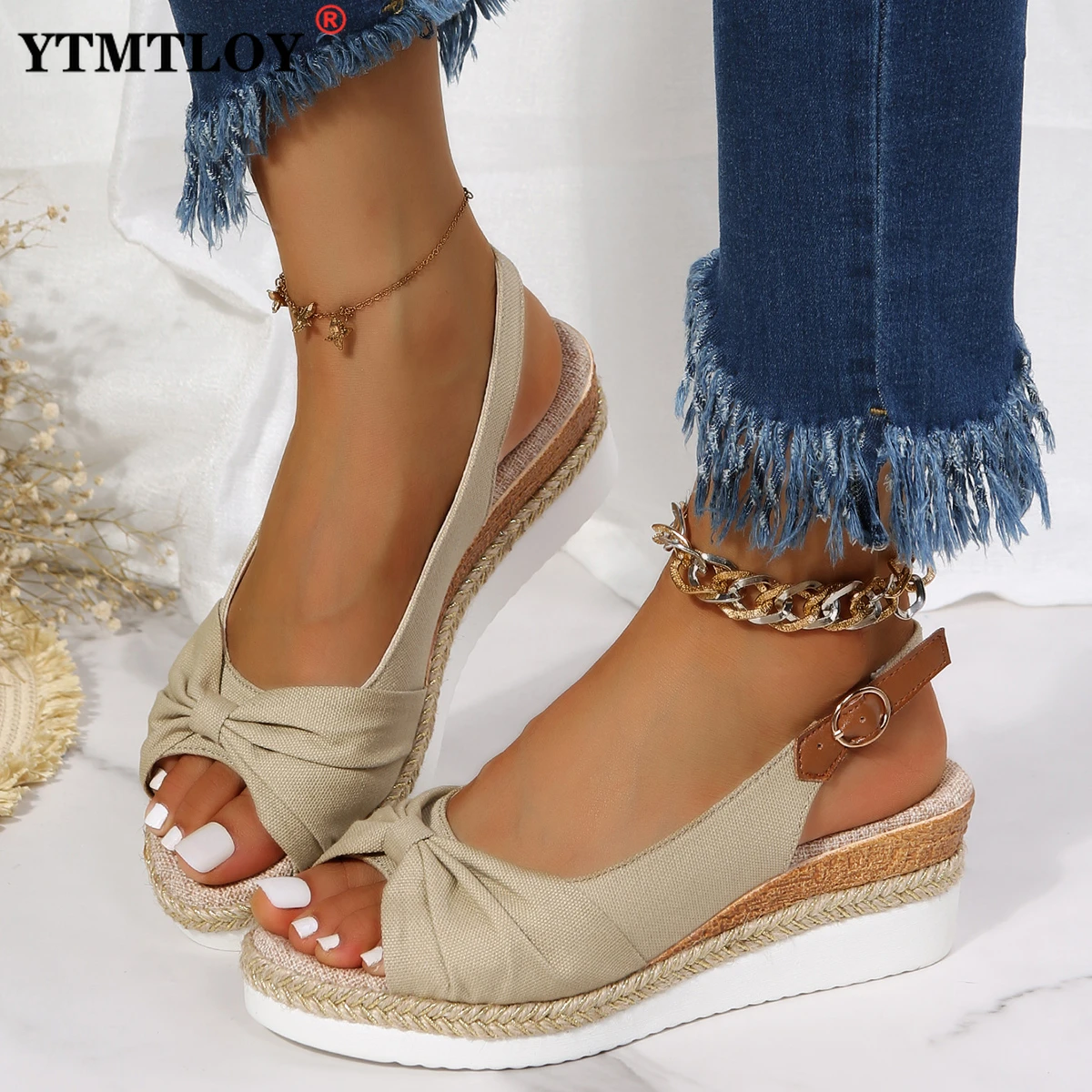 

Женские босоножки на танкетке, износостойкие сандалии на высоком каблуке, с открытым носком и пряжкой, модные удобные босоножки для офиса и ...