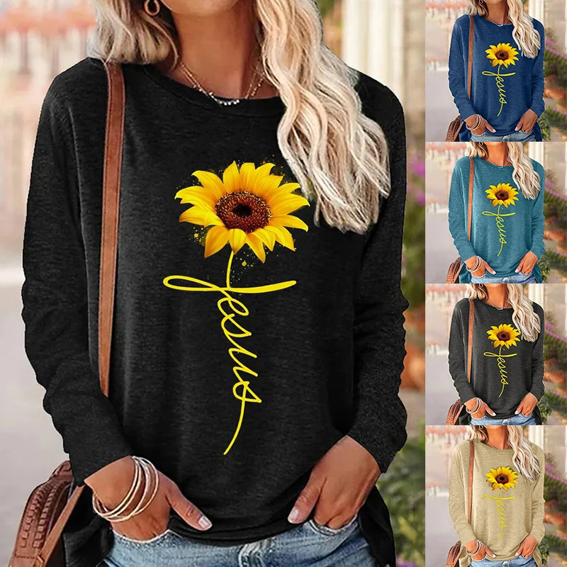 

Женская футболка с длинным рукавом, принтом и круглым вырезом