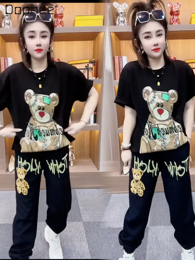 

2023 Spring and Summer New Hot Rhinestone Bear Loose Round Neck Short Sleeve T-shirt Top Solid Color Casual Pants Women