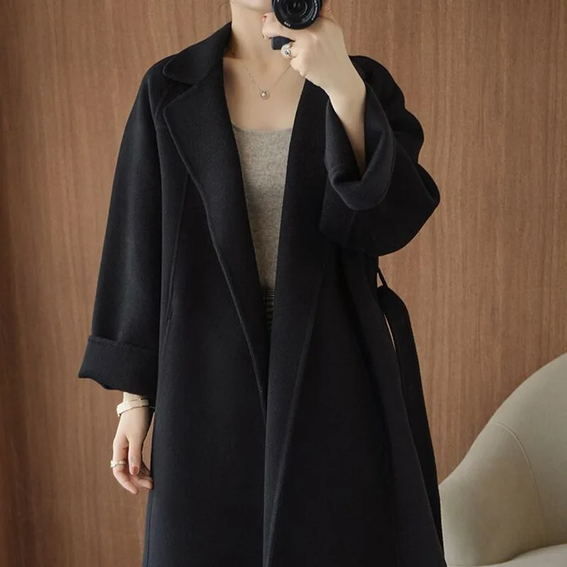 

Повседневное твидовое пальто, модное двухстороннее кашемировое пальто, женское свободное шерстяное пальто средней длины до колена, новое зимнее пальто высокого качества 2023