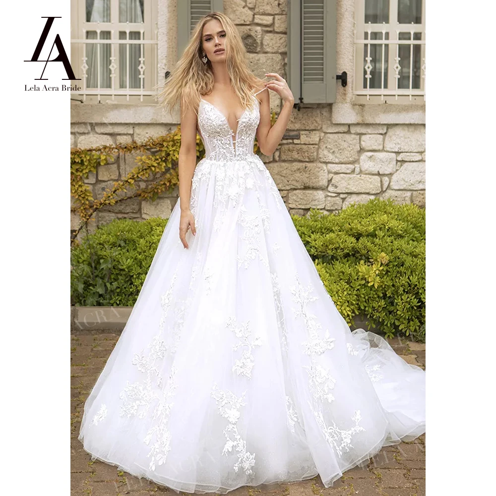 

LelaAcra блестящее свадебное платье без рукавов 2023 аппликации трапециевидного силуэта со шлейфом фотосессия открытая спина Vestido de Noiva