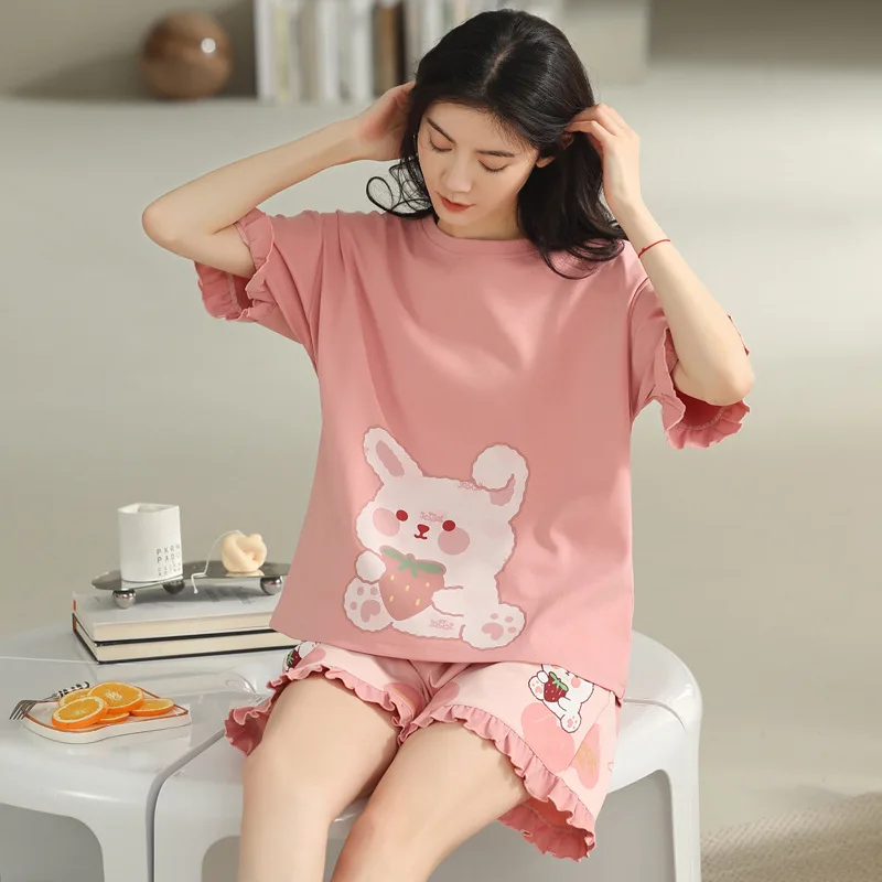 New women's pajamas summer cotton short-sleeved shorts thin section large size student cotton homewear suits can go out