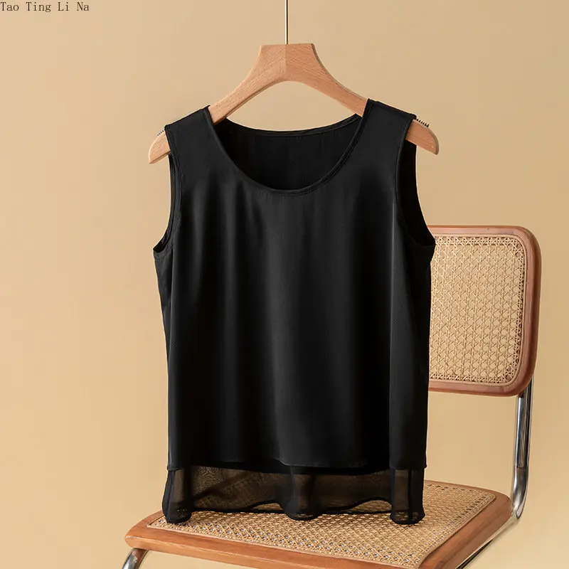 Женский новый двухслойный жилет из натурального шелка на подтяжках O7