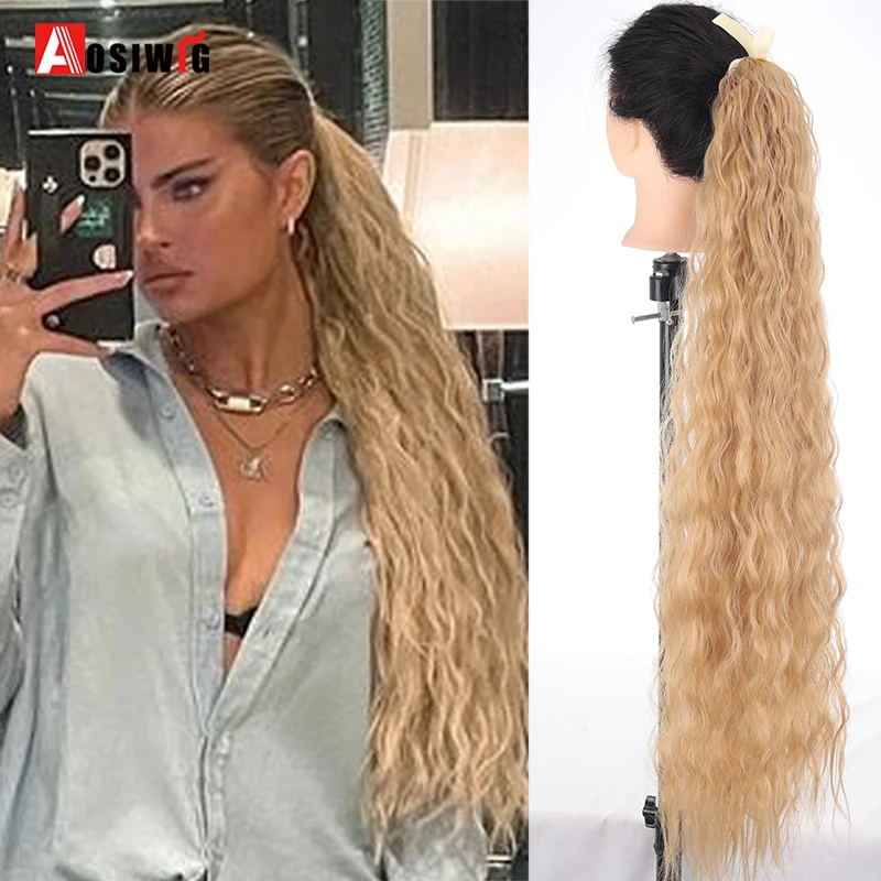 Aosiwig Synthetic Ponytail Kiinky Curly Drawstring Black Blonde Super Long Fake Hair Piece Extension Clip In Hairpiece For Women