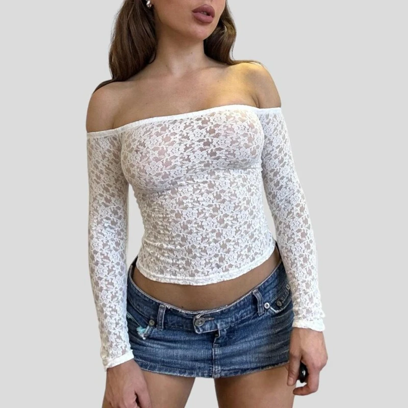 

Fairy Coquette Vintage Crop Tops Y2K Chic Floral Lace T-shirt French Style Women Off Shoulder Long Sleeve White Tees Streetwear