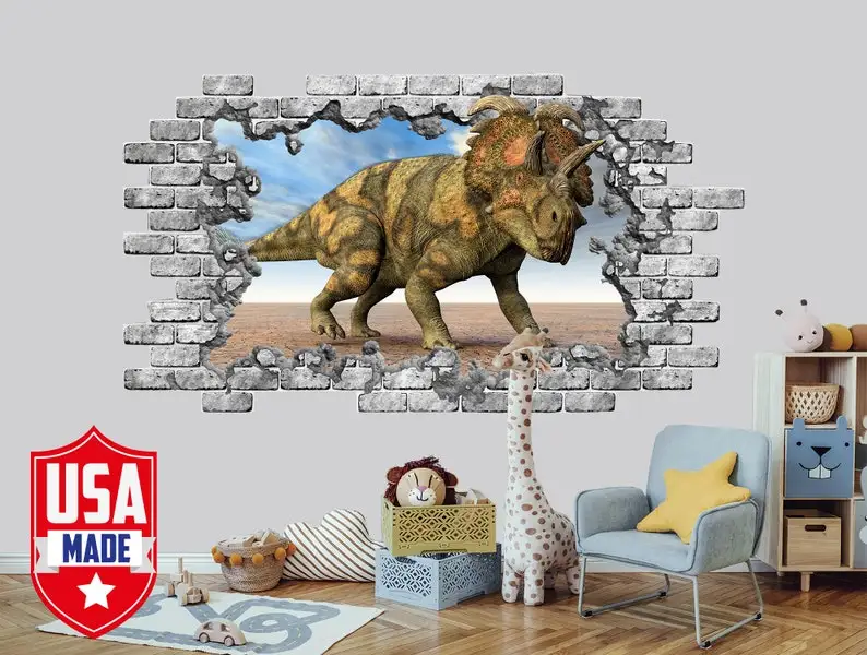 

Triceratops Wall Decal for Nursery Boy, Dinosaur Sticker Kids Room, Dino Jurassic World Vinyl Decor, 3d Broken Smashed Wall Stic