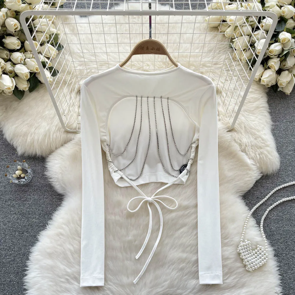 

Футболка женская с длинным рукавом, свисающая дизайнерская рубашка со шнуровкой и цепочкой, с вырезами, осень