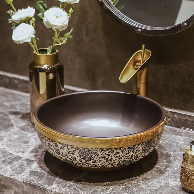 

Europe Vintage Style Ceramic Art Basin Sinks Counter Top Wash Basin Bathroom Vessel Sinks Vanities ceramic vessel sink