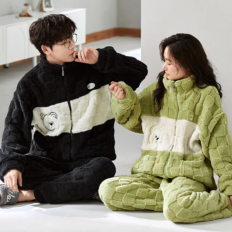 Парные пижамы зимняя фланелевая одежда для сна теплые с длинным рукавом из