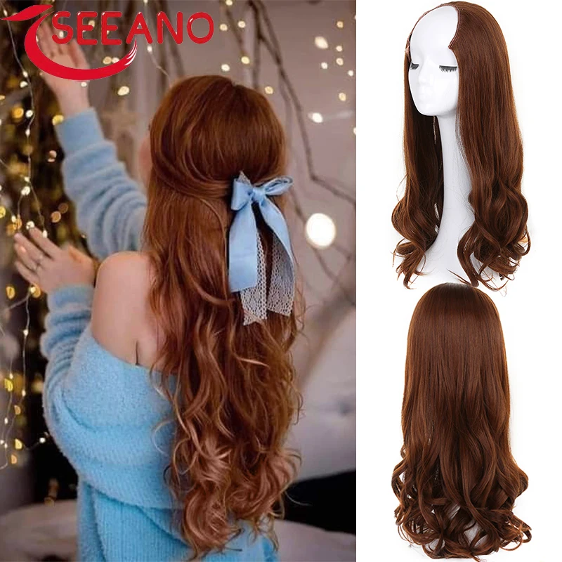 

SEEANO Synthetic Long Wavy Culry U-Shaped Half Wig for Women Natural Female Long Black Brown Wigs Heat Resistant Hair Extensions