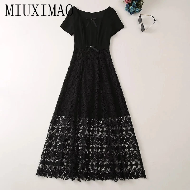

MIUXIMAO 2023 Высокое качество Весна-лето элегантное платье с коротким рукавом O-образным вырезом однотонное кружево вышивка Модное Длинное платье женские платья