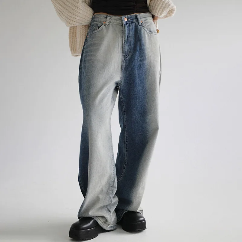 

Джинсы женские длинные свободного покроя, повседневные винтажные брюки с высокой талией и широкими штанинами, градиентные цвета, в стиле ре...