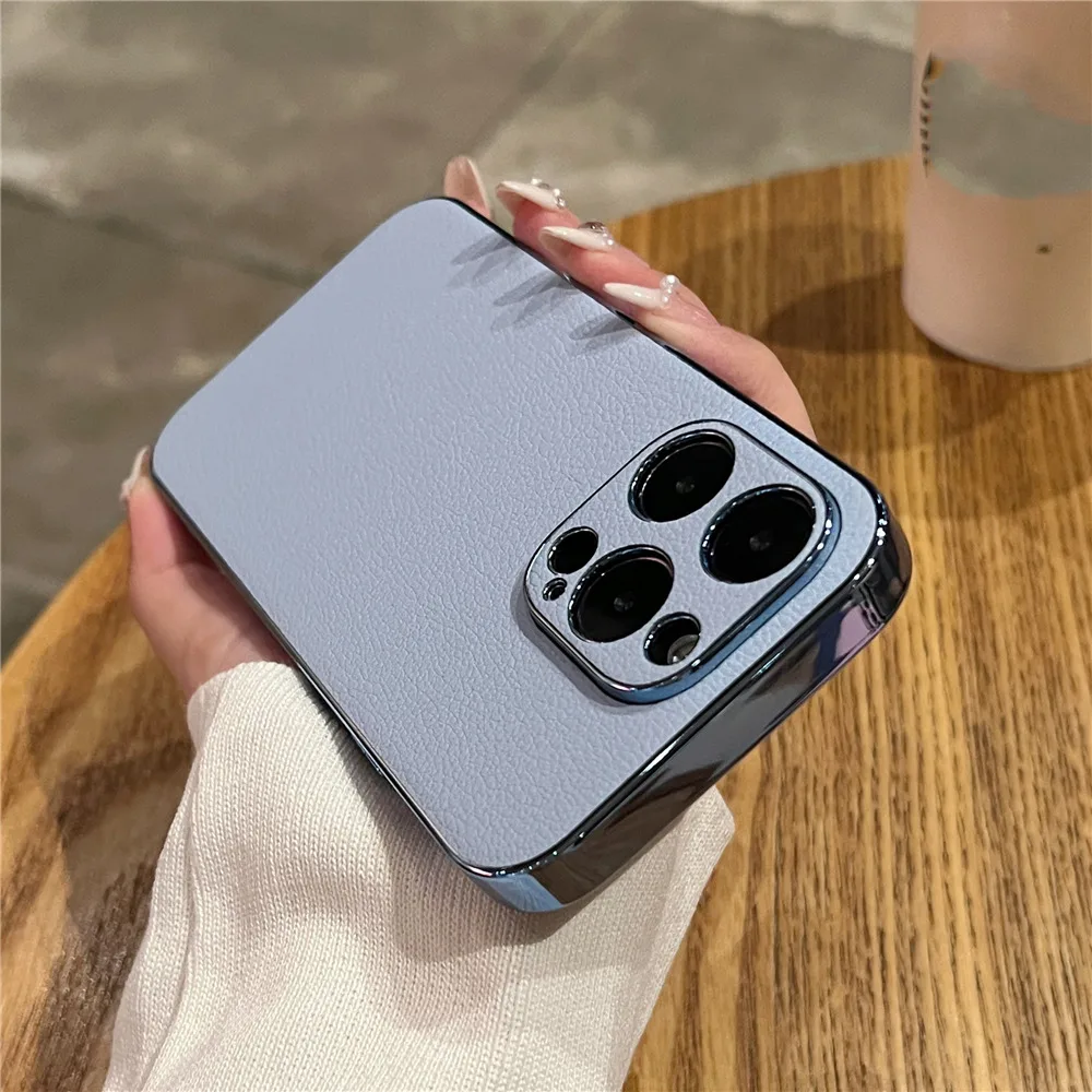 Luxury Lambskin Leather Plating Phone Case For iPhone 14 13 12 11 Pro Max 13Pro 14 Plus Shockproof Bumper Lens Protection Cover