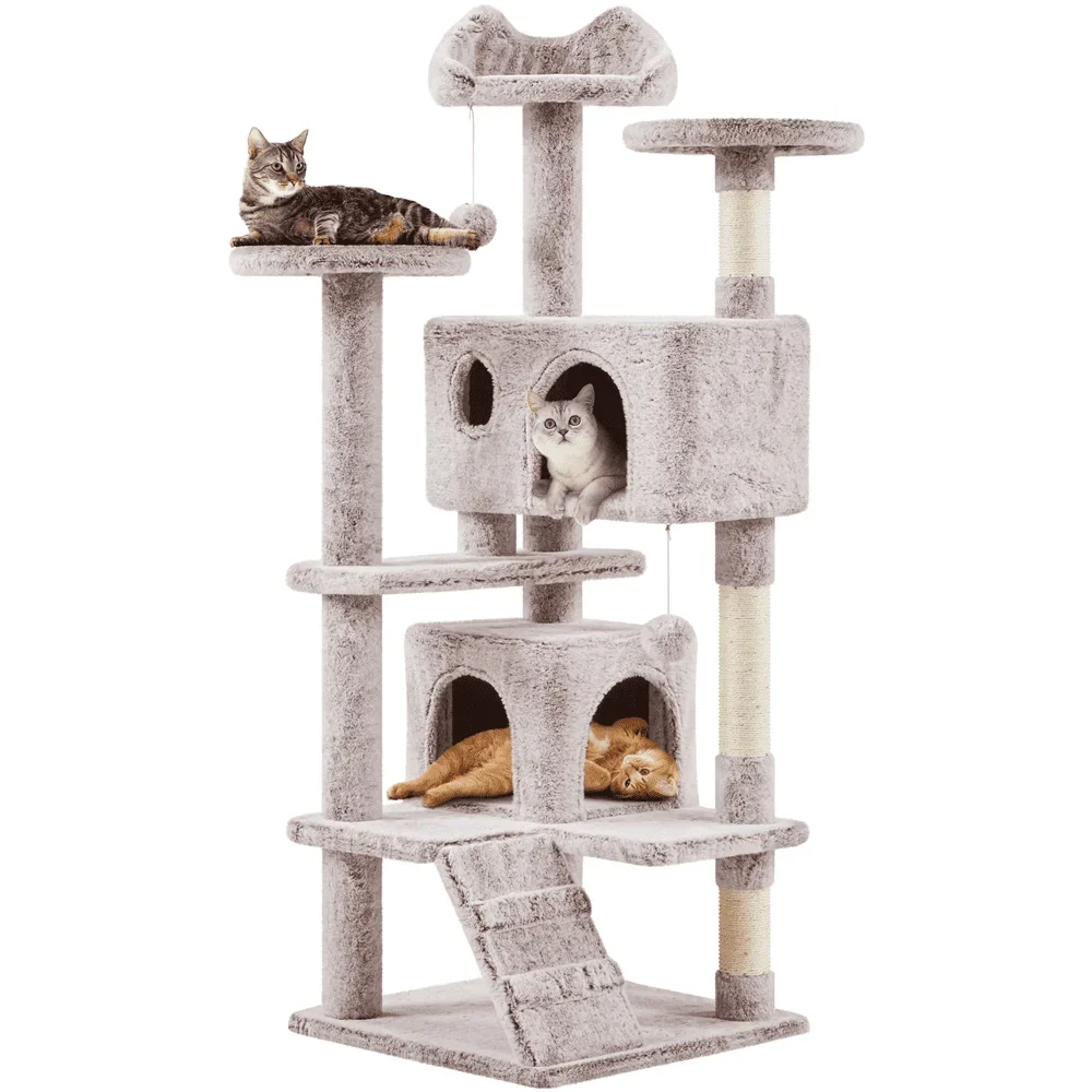 

SmileMart 54.5" Double Condo Cat Tree with Scratching Post Tower, Brown/White