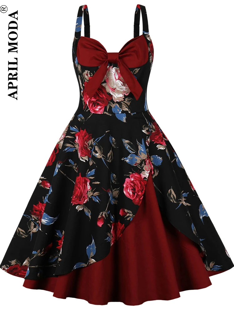 

2022 Retro Vintage Women Summer Dress Casual 50s 60s Gowns Sexy V-Neck Floral Spaghetti Strap Backless Rockabilly Swing Dresses