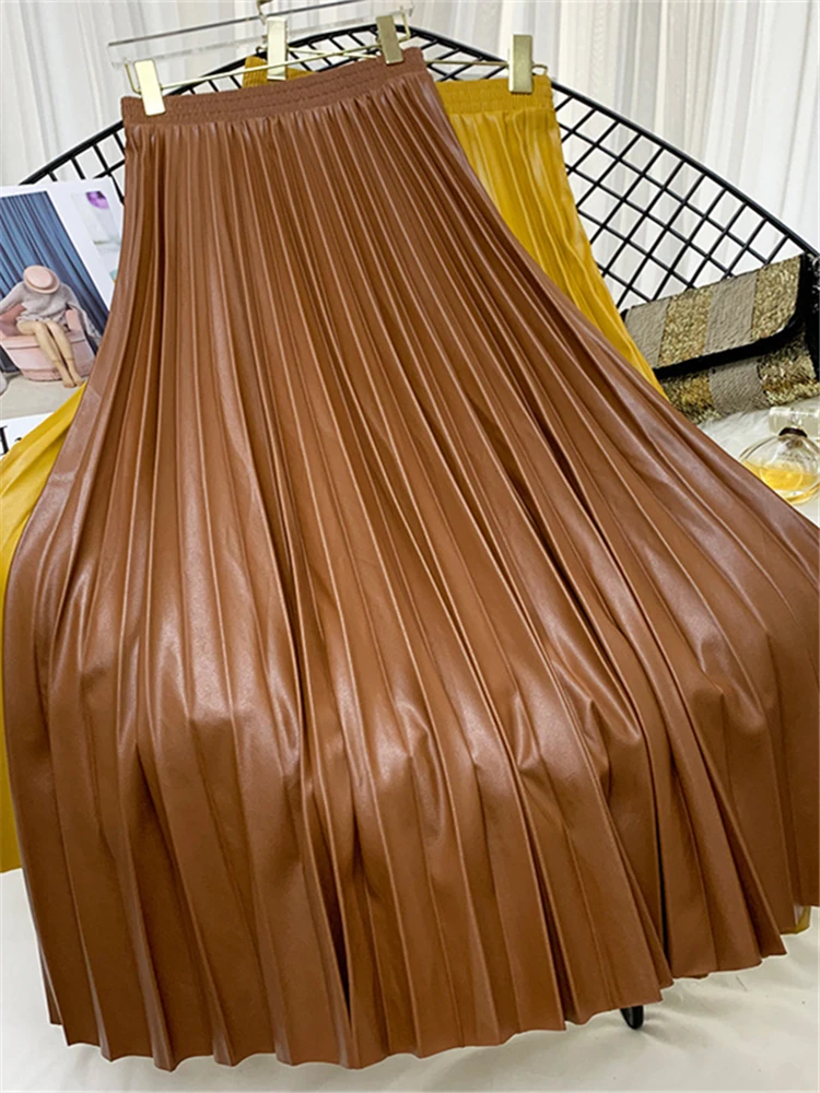 Женская плиссированная юбка из ПУ кожи с высокой талией