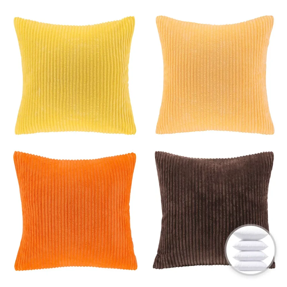 

Choice Decorative Throw Pillow Bundle Set, Yellow Gradient Corduroy Striped Velvet Series Covers with inserts, 18" x 18", 4 Pack