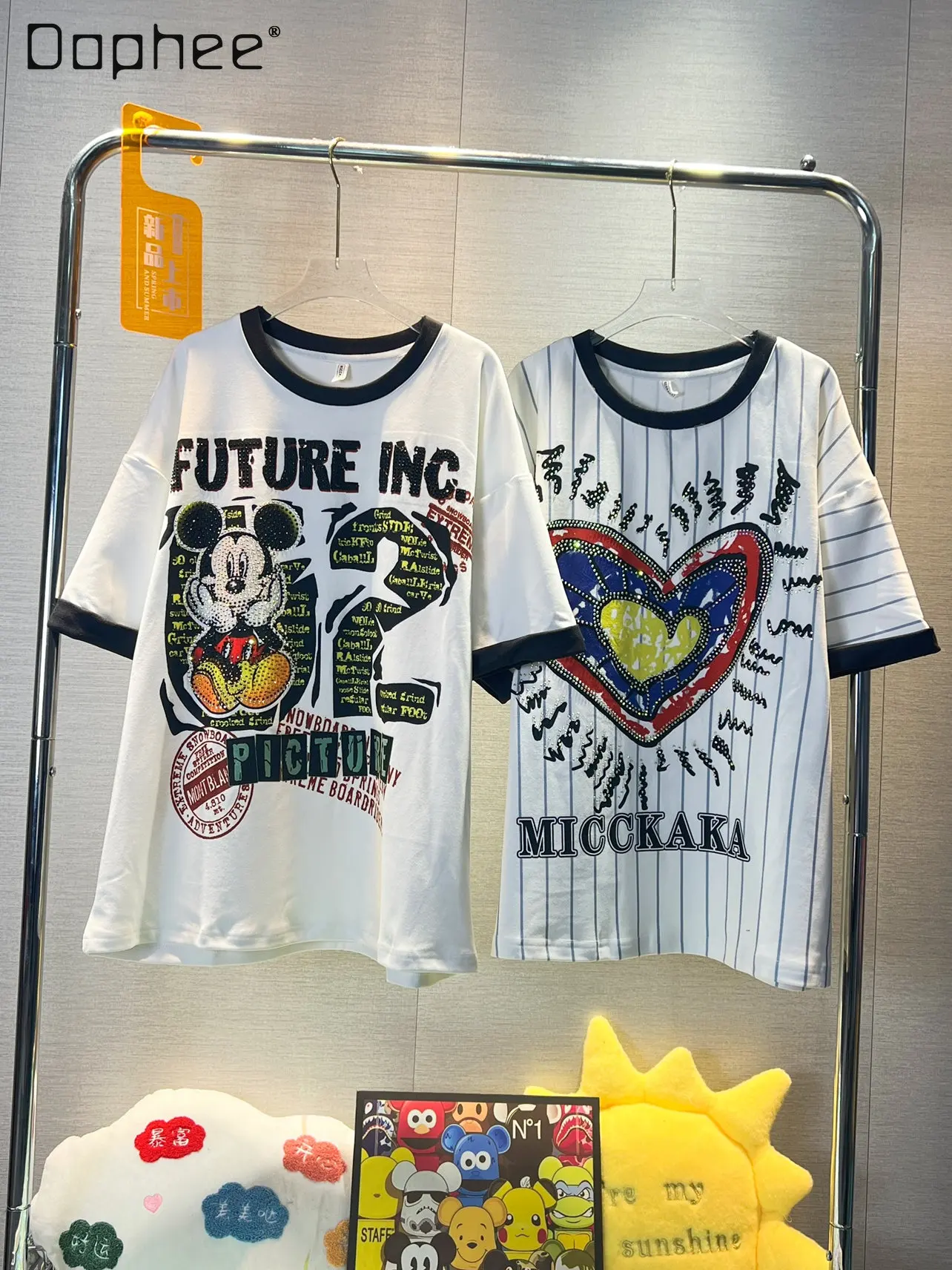 

Rhinestone Short-Sleeved T-shirt Women Trendy Inner Wear Base Autumn and Winter Loose Thickened, Sanded Fabric Cartoon Tee Top