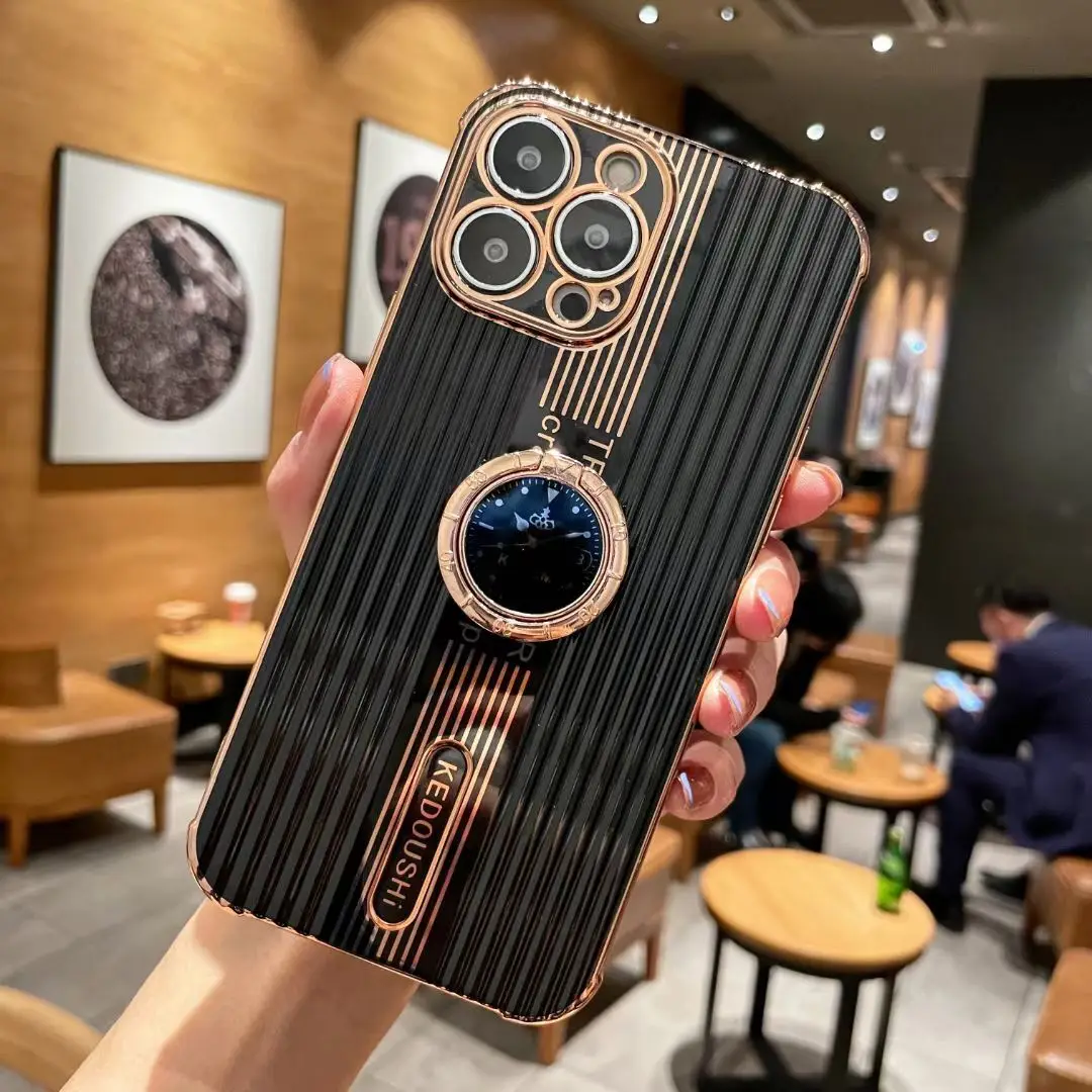 For iPhone 13 Pro Max Case Luxury Stripe Gold Plated Grip Tok Ring Holder Cover for iPhone 11 12 13 mini 7 8 Plus XS Max XR X