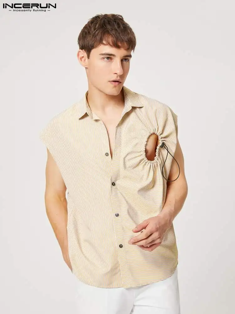 

INCERUN Men Striped Shirt Lapel Sleeveless Hollow Out Streetwear Fashion Casual Men Clothing 2022 Drawstring Button Camisa S-5XL