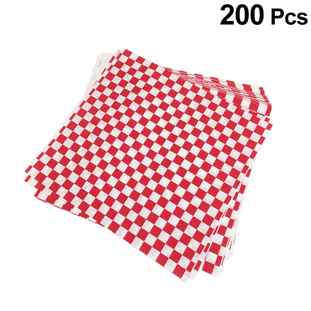 

200PCS Fried Liners Multifunctional Red Grid Fried Liners Sheet Deli Tray Basket Oil Paper for Home Shop