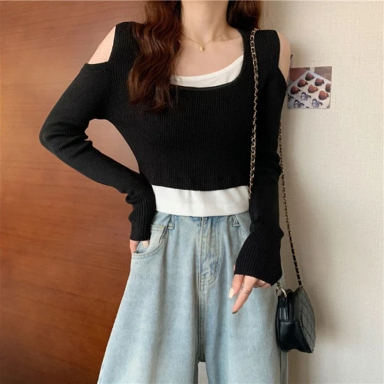

Strapless Black Hollowed Loose Tops Slim Woman Pullover Knitted Sweater Jumper Spring Top Cloth Clothes Women Girl Lady Suéter