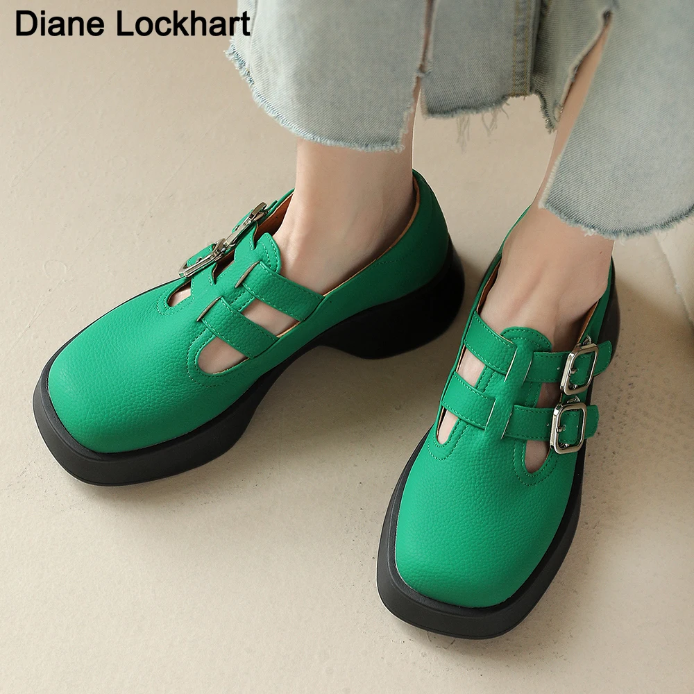 

New 2022 Women Flat Shoes Square Toe Buckle Classic Concise Ladies Comfy Platform Flats Casual Date Autumn Loafers Green Wedges