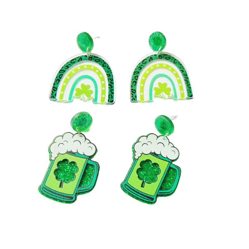 

Green Irish Festival Clover Lucky Grass Beer Rainbow Earrings Women Acrylic Print Fashion Jewelry
