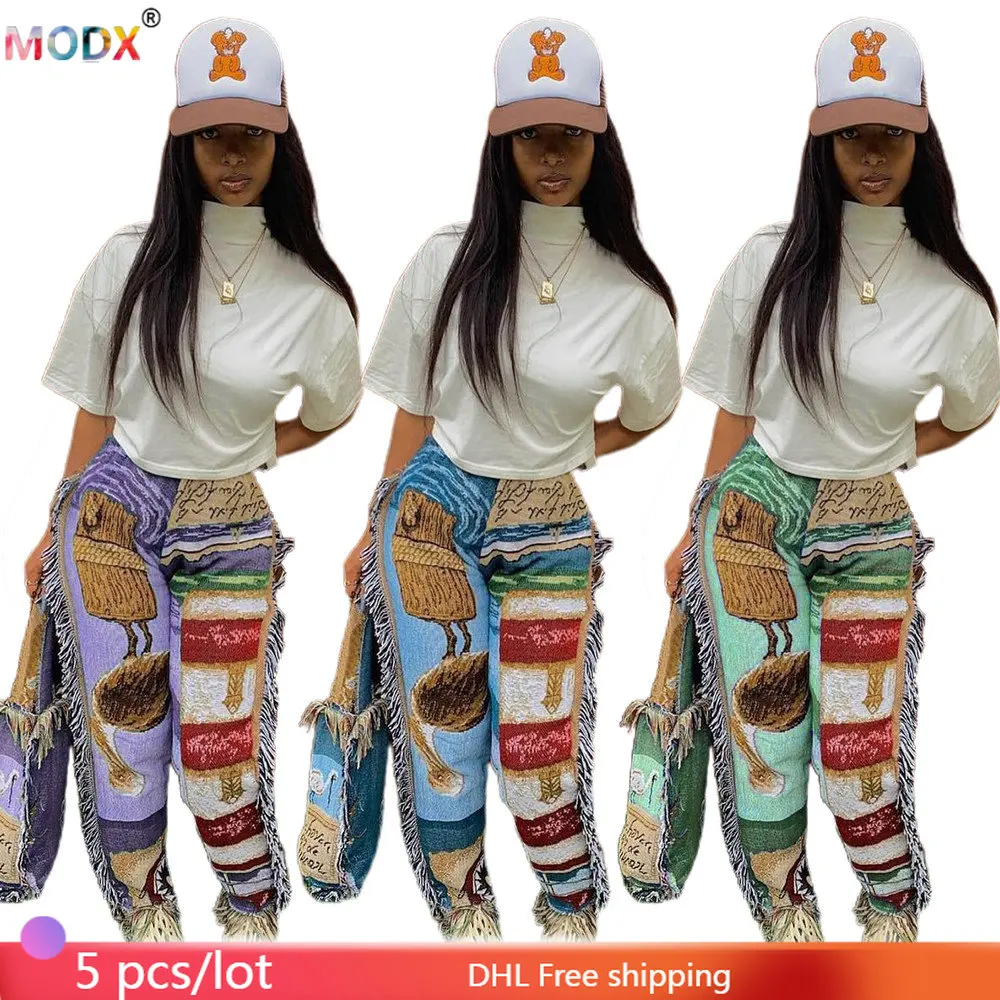 5 PCS Wholesale Women Pants Retro Tassel Print Loose Leggings Streetwear Ladies Trousers Fashion Disco Club Bottoms Clothes 9104