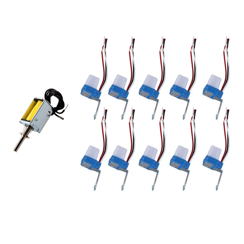 

BMDT-1 Pcs Dc Push Pull Solenoid Electromagnet & 10 Pcs Auto On Off Light Photoswitch Sensor Switch