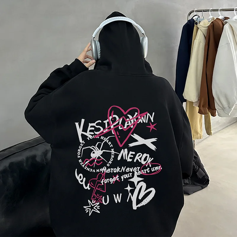 

Хип-хоп готические толстовки с графикой, мужские мешковатые зимние Утепленные флисовые свитшоты, Толстовка на шнурке, унисекс, большие худи, пуловеры