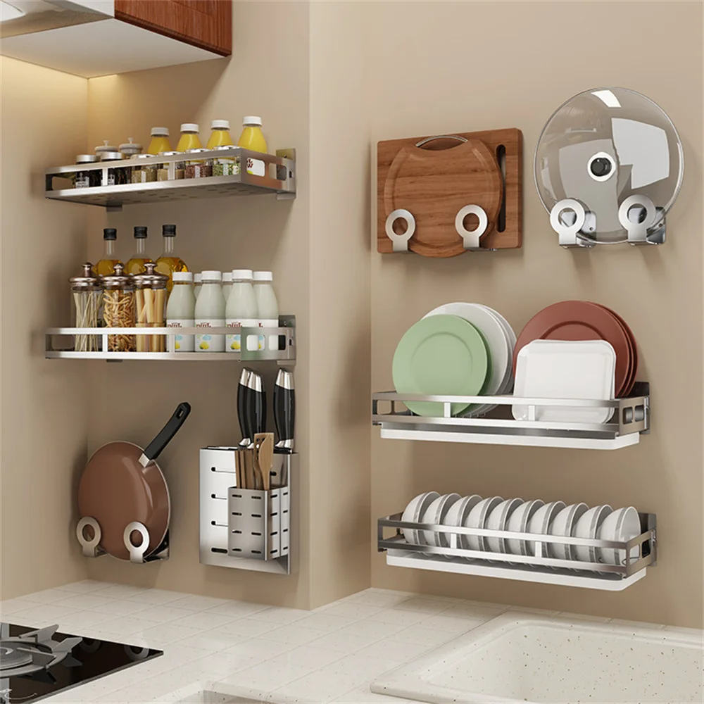 

304 Stainless Steel Wall Mounted Knife Cutting Board Pot Cover Bowl Seasoning Storage Rack Cosina Organizador Kitchen Supplies