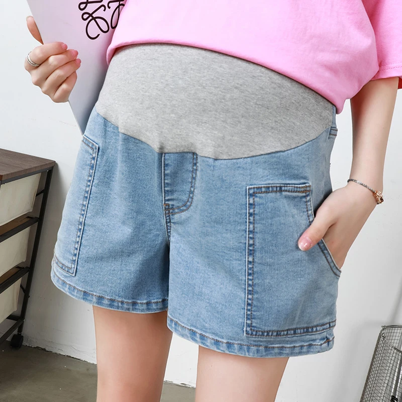 Summer Casual Cotton Denim Maternity Shorts Wide Leg Loose Rolled Up Adjustable Belly Short Jeans Pregnancy Plus Size M-5XL