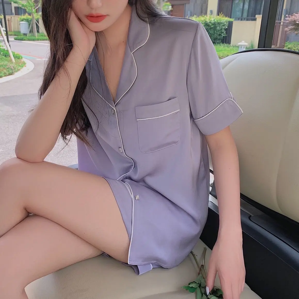 Diamond button ice silk pajamas summer short sleeve shorts solid color home clothes silk two-piece set